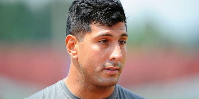 Aug 4, 2014; Cortland, NY, USA; New York Jets defensive end Jason Babin (58) speaks with the media following training camp at SUNY Cortland. Mandatory Credit: Rich Barnes-USA TODAY Sports