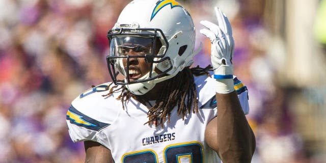 Sep 27, 2015; Minneapolis, MN, USA; San Diego Chargers running back Melvin Gordon (28) against the Minnesota Vikings at TCF Bank Stadium. The Vikings defeated the Chargers 31-14. Mandatory Credit: Brace Hemmelgarn-USA TODAY Sports