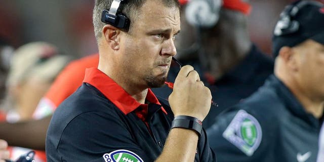 Sep 26, 2015; Houston, TX, USA; Houston Cougars head coach Tom Herman watches from the sideline during the first quarter against the Texas State Bobcats at TDECU Stadium. Mandatory Credit: Troy Taormina-USA TODAY Sports