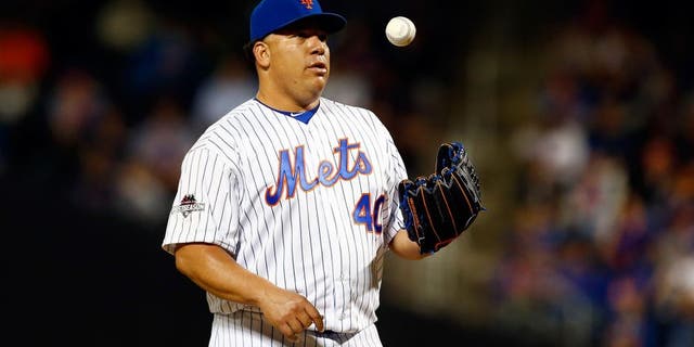 NEW YORK, NY - OCTOBER 13: Bartolo Colon #40 of the New York Mets reacts in the sixth inning against the Los Angeles Dodgers during game four of the National League Division Series at Citi Field on October 13, 2015 in New York City. (Photo by Mike Stobe/Getty Images)