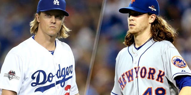 LOS ANGELES, CA - OCTOBER 10: Zack Greinke #21 of the Los Angeles Dodgers reacts after the final out in the seventh inning against the New York Mets in game two of the National League Division Series at Dodger Stadium on October 10, 2015 in Los Angeles, California. (Photo by Stephen Dunn/Getty Images) LOS ANGELES, CA - OCTOBER 09: Pitcher Jacob deGrom #48 of the New York Mets reacts after striking out Adrian Gonzalez #23 of the Los Angeles Dodgers to end the third inning in game one of the National League Division Series at Dodger Stadium on October 9, 2015 in Los Angeles, California. (Photo by Stephen Dunn/Getty Images)