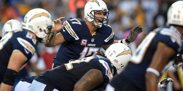 Oct 12, 2015; San Diego, CA, USA; San Deigo Chargers quarterback Philip Rivers (17) audibles against the Pittsburgh Steelers at Qualcomm Stadium. Mandatory Credit: Kirby Lee-USA TODAY Sports