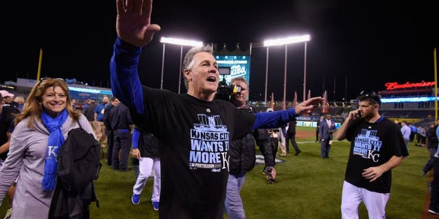 KANSAS CITY, MO - OCTOBER 14: Manager Ned Yost #3 of the Kansas City Royals celebrates after the Kansas City Royals defeat the Houston Astros 7-2 in game five of the American League Divison Series at Kauffman Stadium on October 14, 2015 in Kansas City, Missouri. (Photo by Ed Zurga/Getty Images)