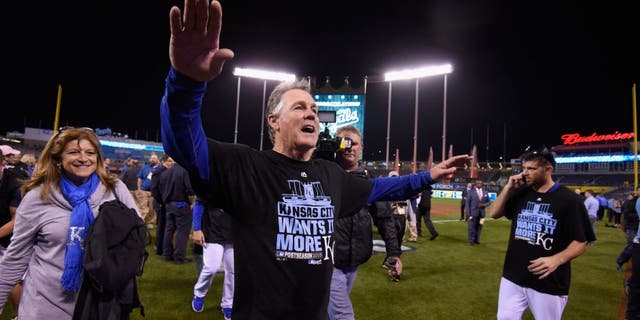 KANSAS CITY, MO - OCTOBER 14: Manager Ned Yost #3 of the Kansas City Royals celebrates after the Kansas City Royals defeat the Houston Astros 7-2 in game five of the American League Divison Series at Kauffman Stadium on October 14, 2015 in Kansas City, Missouri. (Photo by Ed Zurga/Getty Images)