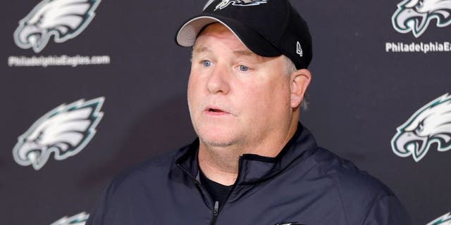 Philadelphia Eagles head coach Chip Kelly speaks with members of the media at the NFL football team's practice facility, Thursday, Oct. 15, 2015, in Philadelphia. (AP Photo/Matt Rourke)