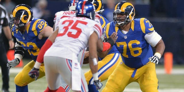 ST. LOUIS, MO - DECEMBER 21: Rodger Saffold #76 of the St. Louis Rams protects against the New York Giants at the Edward Jones Dome on December 21, 2014 in St. Louis, Missouri. (Photo by Michael Thomas/Getty Images)