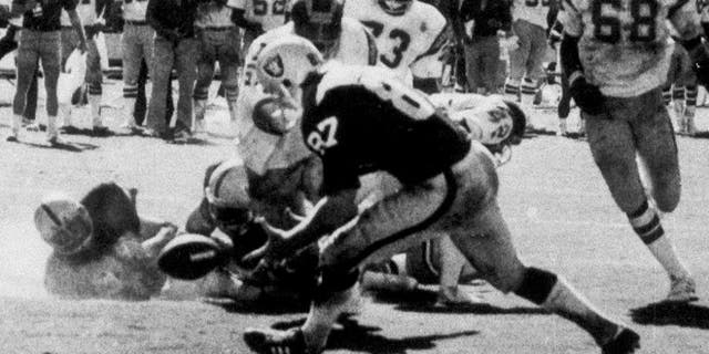 In the final play of the game between the Oakland Raiders and the San Diego Chargers, tight end Dave Casper (87) of the Raiders scoops up the ball, fumbled by Raider's quarterback Ken Stabler, on the five-yard line, in San Diego, Calif., Sept. 11, 1978. (AP Photo/San Diego Union/Thane McIntosh)