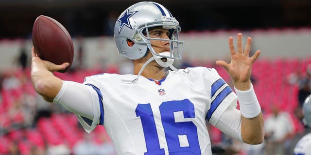FILE - In this Oct. 11, 2015, file photo, Dallas Cowboys' Matt Cassel (16) throws before an NFL football game against the New England Patriots in Arlington, Texas. Matt Cassel appears on the verge of being named the starter for the Cowboys after Brandon Weeden went 0-3 filling in for Tony Romo. (AP Photo/Brandon Wade, File)