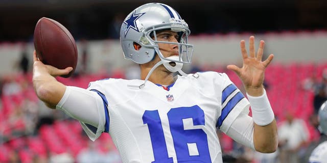 FILE - In this Oct. 11, 2015, file photo, Dallas Cowboys' Matt Cassel (16) throws before an NFL football game against the New England Patriots in Arlington, Texas. Matt Cassel appears on the verge of being named the starter for the Cowboys after Brandon Weeden went 0-3 filling in for Tony Romo. (AP Photo/Brandon Wade, File)