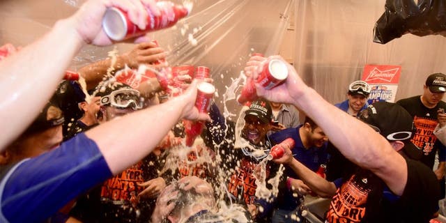 LOS ANGELES, CA - OCTOBER 15: The New York Mets celebrate in the locker room after the Mets 3-2 victory against the Los Angeles Dodgers in game five of the National League Division Series at Dodger Stadium on October 15, 2015 in Los Angeles, California. (Photo by Harry How/Getty Images)