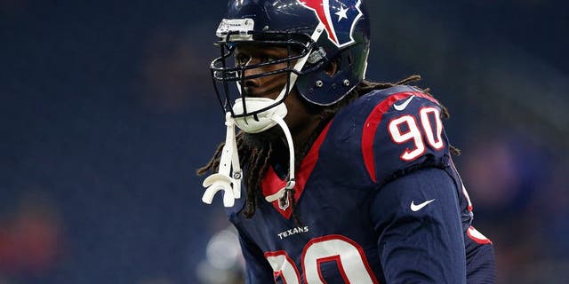 Oct 8, 2015; Houston, TX, USA; Houston Texans defensive end Jadeveon Clowney (90) prior to the game against the Indianapolis Colts at NRG Stadium. Mandatory Credit: Matthew Emmons-USA TODAY Sports