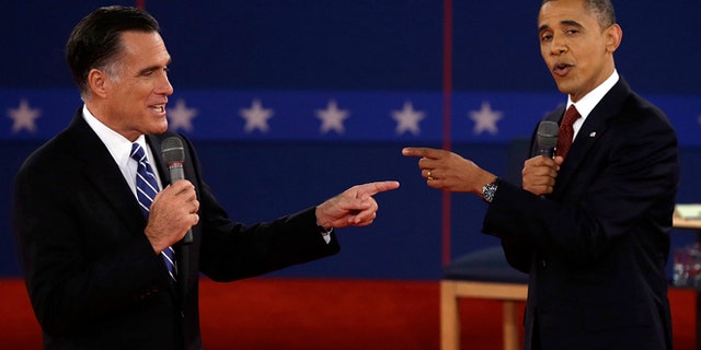 Oct. 16, 2012: Republican presidential nominee Mitt Romney and President Barack Obama spar during the second presidential debate.