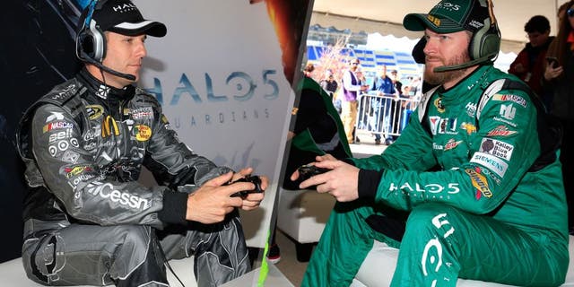 KANSAS CITY, KS - OCTOBER 16: Dale Earnhardt Jr., driver of the #88 Halo 5: Master Chief Chevrolet, and Jamie McMurray, driver of the #1 Halo 5: Spartan Locke/Cessna Chevrolet, play Halo 5 Guardians following practice for the NASCAR Sprint Cup Series Hollywood Casino 400 at Kansas Speedway on October 16, 2015 in Kansas City, Kansas. (Photo by Chris Trotman/NASCAR via Getty Images), KANSAS CITY, KS - OCTOBER 16: Dale Earnhardt Jr., driver of the #88 Halo 5: Master Chief Chevrolet, plays Halo 5 Guardians following practice for the NASCAR Sprint Cup Series Hollywood Casino 400 at Kansas Speedway on October 16, 2015 in Kansas City, Kansas. (Photo by Chris Trotman/NASCAR via Getty Images)