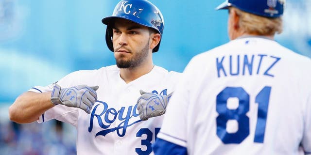 Eric Hosmer #35 of the Kansas City Royals reacts after hitting an RBI single in the seventh inning against the Toronto Blue Jays in game two of the American League Championship Series at Kauffman Stadium on October 17, 2015 in Kansas City, Missouri. (Photo by Jamie Squire/Getty Images)