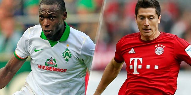 BREMEN, GERMANY - SEPTEMBER 19: Anthony Ujah of Bremen plays the ball during the Bundesliga match between Werder Bremen and FC Ingolstadt at Weserstadion on September 19, 2015 in Bremen, Germany. (Photo by Martin Stoever/Bongarts/Getty Images) MUNICH, GERMANY - OCTOBER 04: Robert Lewandowski of Bayern Muenchen runs with the ball during the Bundesliga match between FC Bayern Muenchen and Borussia Dortmund at Allianz Arena on October 4, 2015 in Munich, Germany. (Photo by Boris Streubel/Getty Images)