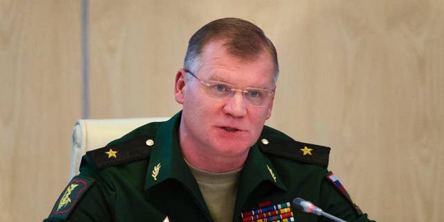FILE In this Monday, Sept. 26, 2016 file photo Russian defense ministry spokesman Maj.-Gen. Igor Konashenkov speaks to the media in Moscow, Russia.