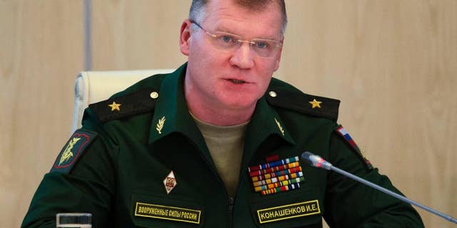 FILE In this Monday, Sept. 26, 2016 file photo Russian defense ministry spokesman Maj.-Gen. Igor Konashenkov speaks to the media in Moscow, Russia.