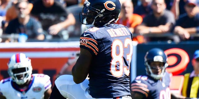 Sep 7, 2014; Chicago, IL, USA; Chicago Bears tight end Martellus Bennett (83) makes a touchdown catch against the Buffalo Bills during the first quarter at Soldier Field. Mandatory Credit: Mike DiNovo-USA TODAY Sports
