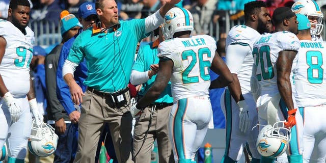Oct 18, 2015; Nashville, TN, USA; Miami Dolphins interim head coach Dan Campbell (C) celebrates with players after a touchdown during the first half against the Tennessee Titans at Nissan Stadium. Mandatory Credit: Christopher Hanewinckel-USA TODAY Sports