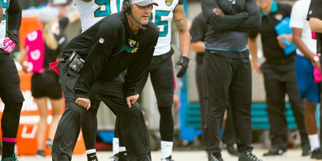 Oct 18, 2015; Jacksonville, FL, USA; Jacksonville Jaguars head coach Gus Bradley during the second quarter against the Houston Texans at EverBank Field. Mandatory Credit: Logan Bowles-USA TODAY Sports