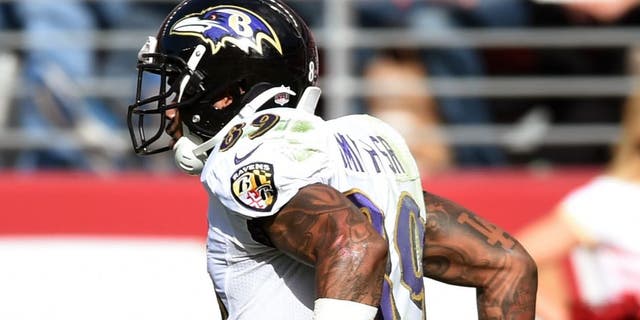 SANTA CLARA, CA - OCTOBER 18: wide receiver Steve Smith #89 of the Baltimore Ravens celebrates after a touchdown against the San Francisco 49ers during their NFL game at Levi's Stadium on October 18, 2015 in Santa Clara, California. (Photo by Thearon W. Henderson/Getty Images)