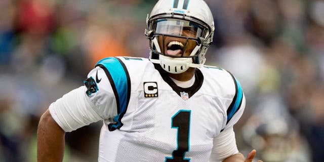 Oct 18, 2015; Seattle, WA, USA; Carolina Panthers quarterback Cam Newton (1) reacts to a play against the Seattle Seahawks during the first half at CenturyLink Field. Mandatory Credit: Troy Wayrynen-USA TODAY Sports