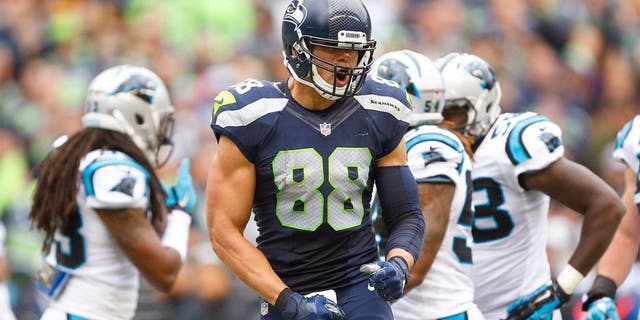 Oct 18, 2015; Seattle, WA, USA; Seattle Seahawks tight end Jimmy Graham (88) reacts after making a reception for a first down against the Carolina Panthers during the second quarter at CenturyLink Field. Mandatory Credit: Joe Nicholson-USA TODAY Sports