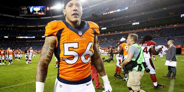 Sep 3, 2015; Denver, CO, USA; Denver Broncos linebacker Shane Ray (56) after the game against the Arizona Cardinals at Sports Authority Field at Mile High. The Cardinals won 20-22. Mandatory Credit: Chris Humphreys-USA TODAY Sports