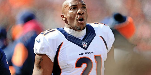 CLEVELAND, OH - OCTOBER 18: Cornerback Aqib Talib #21 of the Denver Broncos celebrates on the sidelines after intercepting a pass and returning for a touchdown during the second quarter against the Cleveland Browns at Cleveland Browns Stadium on October 18, 2015 in Cleveland, Ohio. (Photo by Andrew Weber/Getty Images)