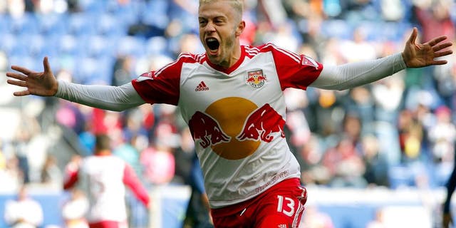 Oct 18, 2015; Harrison, NJ, USA; New York Red Bulls forward Mike Grella (13) reacts after a goal during first half against Philadelphia Union at Red Bull Arena. Mandatory Credit: Noah K. Murray-USA TODAY Sports