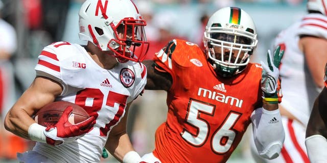 Sep 19, 2015; Miami Gardens, FL, USA; Nebraska Cornhuskers wide receiver Brandon Reilly (87) runs against Miami Hurricanes linebacker Raphael Kirby (56) during the first half at Sun Life Stadium. Mandatory Credit: Steve Mitchell-USA TODAY Sports