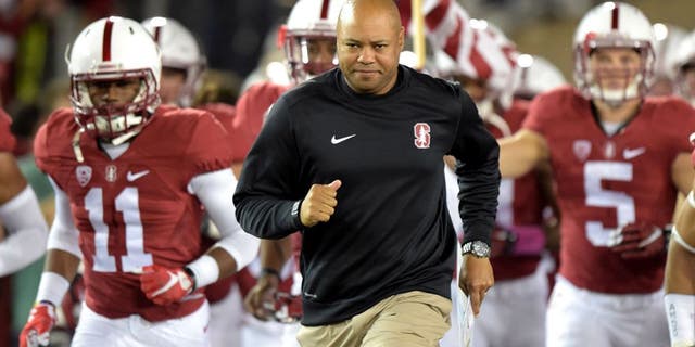 Oct 15, 2015; Stanford, CA, USA; Stanford Cardinal coach David Shaw leads players onto field before the NCAA football game against the UCLA Bruins at Stanford Stadium. Mandatory Credit: Kirby Lee-USA TODAY Sports
