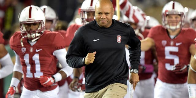 Oct 15, 2015; Stanford, CA, USA; Stanford Cardinal coach David Shaw leads players onto field before the NCAA football game against the UCLA Bruins at Stanford Stadium. Mandatory Credit: Kirby Lee-USA TODAY Sports