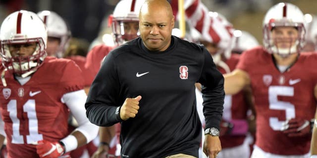 Oct 15, 2015; Stanford, CA, USA; Stanford Cardinal coach David Shaw leads players onto field before the NCAA football game against the UCLA Bruins at Stanford Stadium. Mandatory Credit: Kirby Lee-USA TODAY Sports