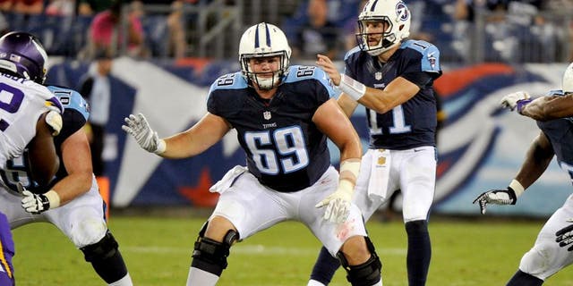 NASHVILLE, TN - SEPTEMBER 03: Andy Gallik #69 of the Tennessee Titans plays during a pre-season game against the Minnesota Vikings at Nissan Stadium on September 3, 2015 in Nashville, Tennessee. (Photo by Frederick Breedon/Getty Images)