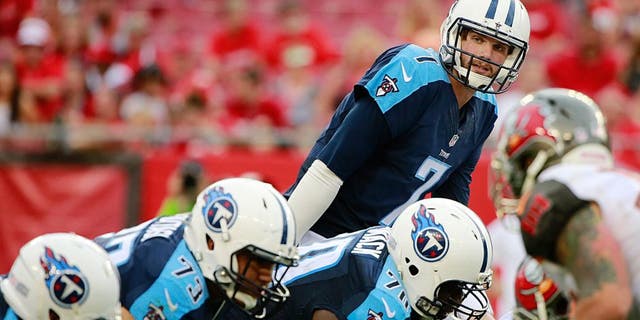 Sep 13, 2015; Tampa, FL, USA; Tennessee Titans quarterback Zach Mettenberger (7) looks on against the Tampa Bay Buccaneers during the second half at Raymond James Stadium. Tennessee Titans defeated the Tampa Bay Buccaneers 42-14. Mandatory Credit: Kim Klement-USA TODAY Sports