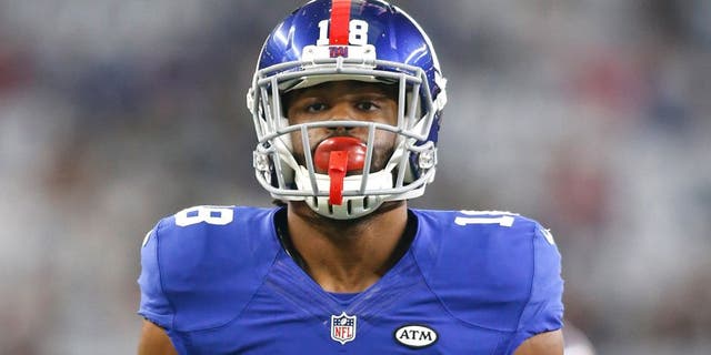 Sep 13, 2015; Arlington, TX, USA; New York Giants wide receiver Geremy Davis (18) runs with the ball before the game against the Dallas Cowboys at AT&amp;T Stadium. Dallas won 27-26. Mandatory Credit: Tim Heitman-USA TODAY Sports