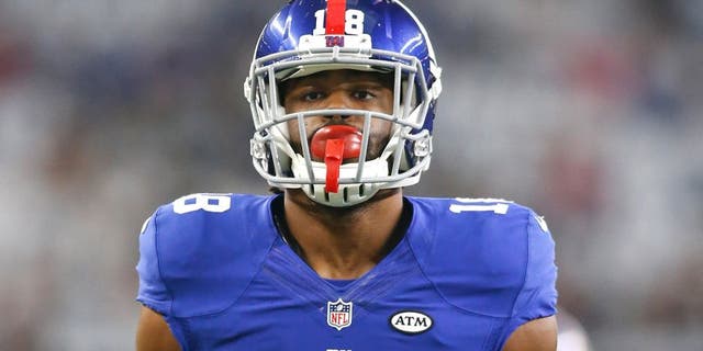 Sep 13, 2015; Arlington, TX, USA; New York Giants wide receiver Geremy Davis (18) runs with the ball before the game against the Dallas Cowboys at AT&T Stadium. Dallas won 27-26. Mandatory Credit: Tim Heitman-USA TODAY Sports