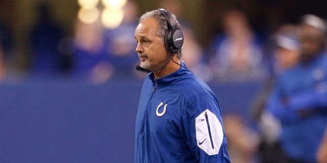 Oct 18, 2015; Indianapolis, IN, USA; Indianapolis Colts head coach Chuck Pagano during the NFL game against the New England Patriots at Lucas Oil Stadium. Mandatory Credit: Brian Spurlock-USA TODAY Sports