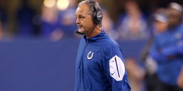 Oct 18, 2015; Indianapolis, IN, USA; Indianapolis Colts head coach Chuck Pagano during the NFL game against the New England Patriots at Lucas Oil Stadium. Mandatory Credit: Brian Spurlock-USA TODAY Sports