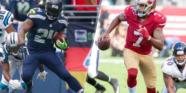 Oct 18, 2015; Seattle, WA, USA; Seattle Seahawks running back Marshawn Lynch (24) rushes past Carolina Panthers middle linebacker Luke Kuechly (59) and defensive end Wes Horton (96) and cornerback Bene' Benwikere (25) during the second quarter at CenturyLink Field. Mandatory Credit: Joe Nicholson-USA TODAY Sports Oct 18, 2015; Santa Clara, CA, USA; San Francisco 49ers quarterback Colin Kaepernick (7) breaks a tackle during the third quarter of the game against the Baltimore Ravens at Levi's Stadium. The 49ers defeated the Ravens 25-20. Mandatory Credit: Ed Szczepanski-USA TODAY Sports