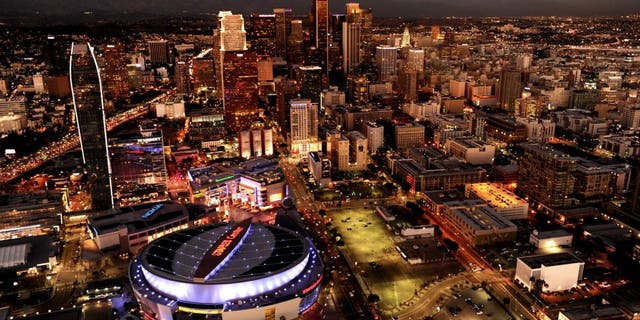 GRIFFITH PARK, CA NOVEMBER 4, 2014 -- Aerial view of the downtown Los Angeles skyline with Staples Center and LA Live foreground left. taken on November 4, 2014. (Photo by Wally Skalij/Los Angeles Times via Getty Images)