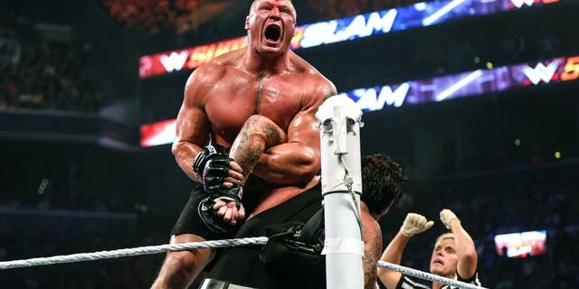 NEW YORK, NY - AUGUST 23: Brock Lesnar and The Undertaker battle it out at the WWE SummerSlam 2015 at Barclays Center of Brooklyn on August 23, 2015 in New York City. (Photo by JP Yim/Getty Images)