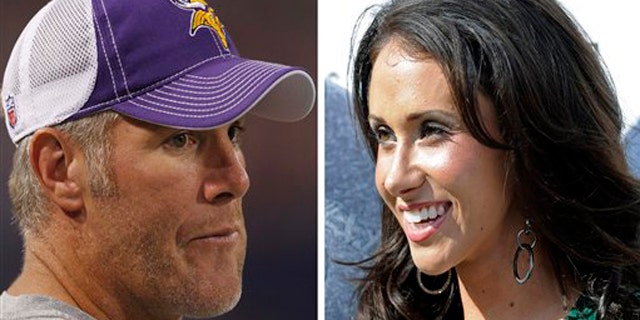 FILE - At left, in a Sept. 2, 2010, file photo, is Minnesota Vikings quarterback Brett Favre before an NFL football game against the Denver Broncos, in Minneapolis. At right, in a Sept. 14, 2008, file photo, is Jenn Sterger on the sideline before an NFL football game between the New York Jets and New England Patriots, in East Rutherford, N.J. The ex-New York Jets employee involved in the allegation against Favre has hired a lawyer. Sterger's manager Phil Reese says Wednesday, Oct. 20, 2010, the decision was made "after much deliberation." (AP Photo/File)