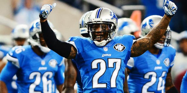 Oct 19, 2014; Detroit, MI, USA; Detroit Lions free safety Glover Quin (27) celebrates after defeating the New Orleans Saints 24-23 at Ford Field. Mandatory Credit: Andrew Weber-USA TODAY Sports