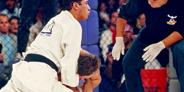 DENVER, CO - NOVEMBER 12: Royce Gracie in action during the Ultimate Fighter Championships UFC 1 on November 12, 1993 at the McNichols Sports Arena in Denver, Colorado. (Photo by Holly Stein/Getty Images)