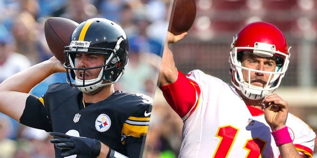 Aug 29, 2015; Orchard Park, NY, USA; Pittsburgh Steelers quarterback Landry Jones (3) during the game against the Buffalo Bills at Ralph Wilson Stadium. Mandatory Credit: Kevin Hoffman-USA TODAY Sports Oct 18, 2015; Minneapolis, MN, USA; Kansas City Chiefs quarterback Alex Smith (11) throws prior to the game against the Minnesota Vikings at TCF Bank Stadium. Mandatory Credit: Brace Hemmelgarn-USA TODAY Sports