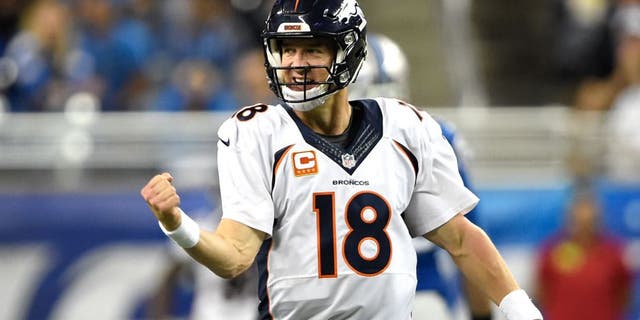 DETROIT, MI - SEPTEMBER 27: Denver Broncos quarterback Peyton Manning #18 celebrates his pass to wide receiver Demaryius Thomas #88 that he will turn into a touchdown at the end of the first half vs the Detroit Lions at Ford Field in Detroit, Mi, September 27, 2015 (Photo By Joe Amon/The Denver Post via Getty Images)