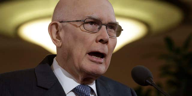 FILE - In this Jan. 27, 2015, file photo, shows Dallin H. Oaks, a member of the Quorum of the Twelve Apostles of the The Church of Jesus Christ of Latter-day Saints, speaking during a news conference at the Conference Center, in Salt Lake City.