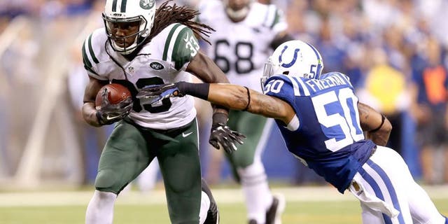 INDIANAPOLIS, IN - SEPTEMBER 21: Chris Ivory #33 of the New York Jets runs the ball during the game against the Indianapolis Colts at Lucas Oil Stadium on September 21, 2015 in Indianapolis, Indiana. (Photo by Andy Lyons/Getty Images)